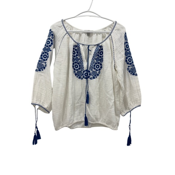 J. Crew Tops - J.Crew M 100% Cotton White Blue Embroidered Gauze Peasant Blouse Tassel